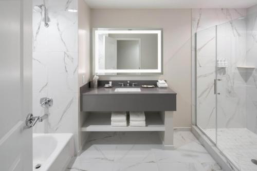 uma casa de banho com um lavatório, um espelho e um chuveiro em The Karol Hotel, St. Petersburg Clearwater, a Tribute Portfolio Hotel em Clearwater