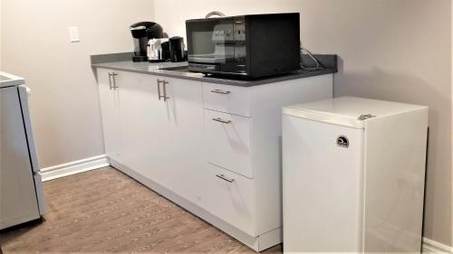 a microwave on top of a counter with a refrigerator at Charming Studio with Parking, Netflix, Full Kitchen - Close to Algonquin College in Ottawa