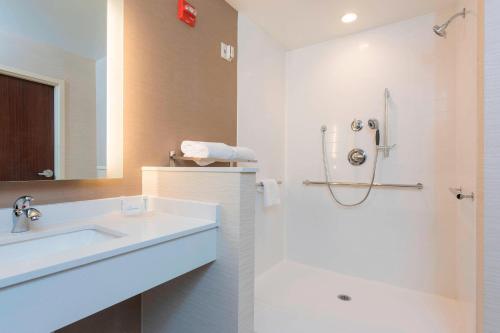 Fairfield Inn & Suites by Marriott Indianapolis Fishers في فِشرز: حمام أبيض مع حوض ودش