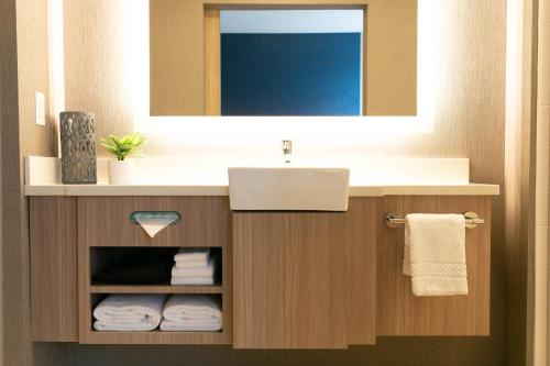 a bathroom with a sink and a mirror and towels at SpringHill Suites by Marriott South Bend Notre Dame Area in South Bend