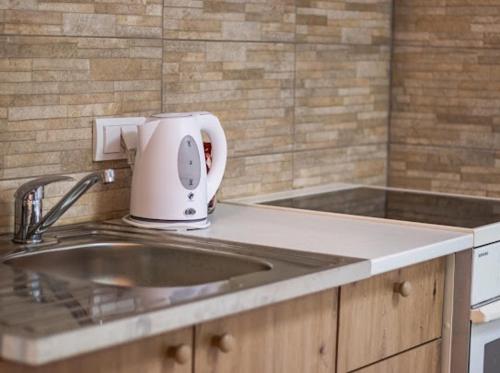 a kitchen counter with a mixer on top of a sink at Center Cozy Apartment in Subotica