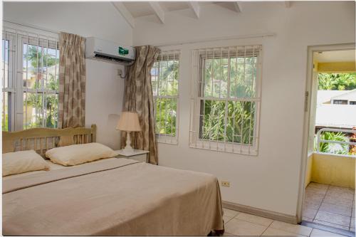 a bedroom with a bed and two windows at Vida Mejor-Waterfall in Saint James