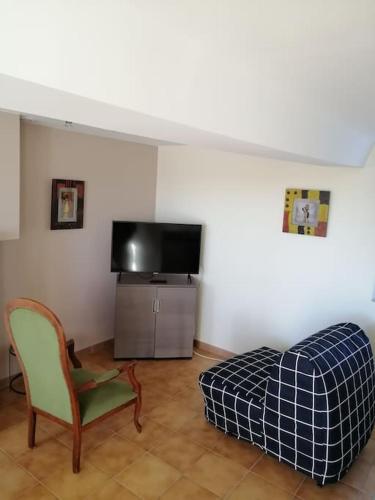 un salon avec un canapé et une télévision dans l'établissement Charmante petite maison de vacances, à Saint-Clair-de-Halouze