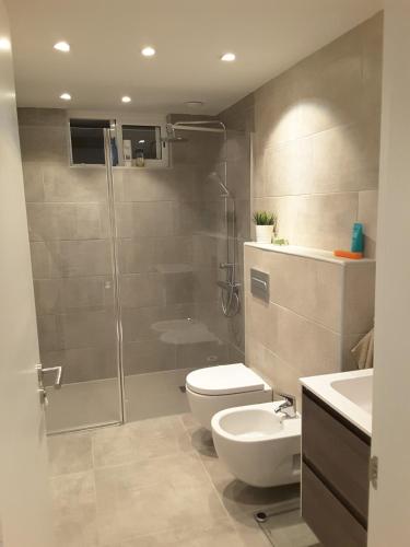 a bathroom with a shower and a toilet and a sink at Casa Tauro Gran Canaria in Mogán