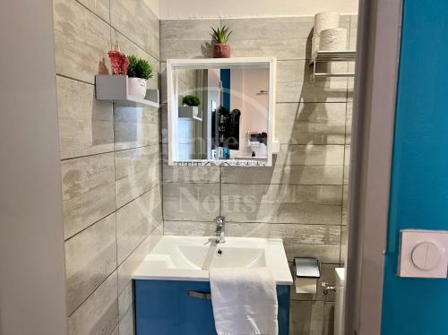 ein Bad mit einem Waschbecken und einem Spiegel in der Unterkunft Studio Av thermale Cham (C) in Chamalières