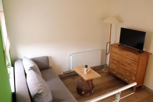 ein Wohnzimmer mit einem Sofa, einem TV und einem Tisch in der Unterkunft Fuchsbergblick 