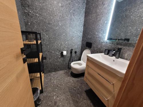 a bathroom with a white toilet and a sink at Apartmán Nicole in Tale