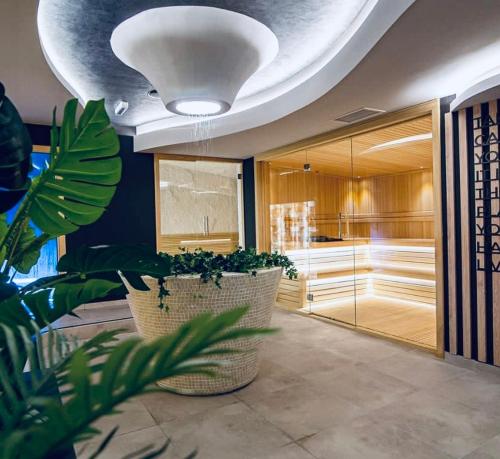 a lobby with a large plant in a room at EVA apartman, Titova Vila, Zlatibor in Palisad