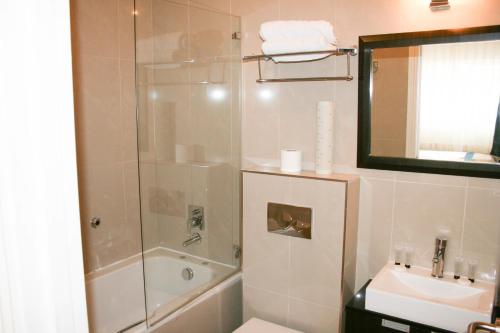 La salle de bains est pourvue d'une douche, d'un lavabo et de toilettes. dans l'établissement Cromwell International Hotel, à Londres
