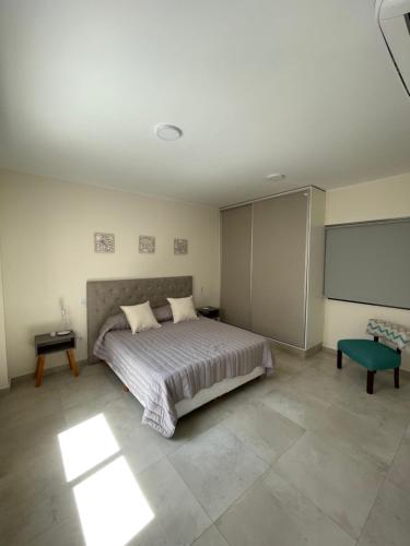 1 dormitorio con 1 cama grande y 1 mesa en Lujoso departamento en Luján de Cuyo