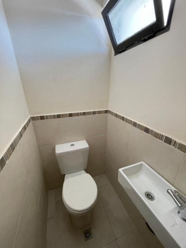 baño con aseo y lavabo y ventana en Lujoso departamento en Luján de Cuyo