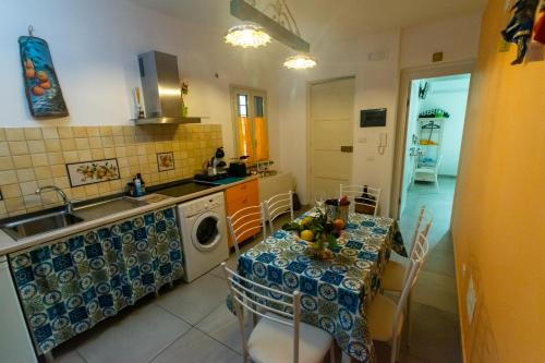 eine Küche mit einem Tisch, einem Waschbecken und einer Waschmaschine in der Unterkunft La Zagara in Aci Castello