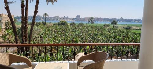 a balcony with chairs and a view of a cornfield at DREAM ISLAND Hotel in Luxor