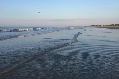 an empty beach with waves in the water at Surfscoter in Johns Island