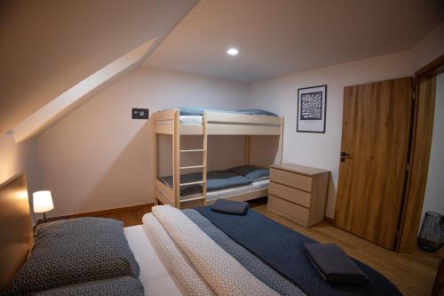 a bedroom with two bunk beds and a ladder at Chalupa Martinček in Terchová