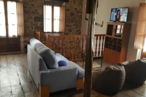 a living room with a couch and a tv at CASONA SARIEGO, APARTAMENTO in La Vega de Riosa