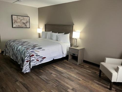 Habitación de hotel con cama y silla en Red Roof Inn & Suites Wilkesboro, en Wilkesboro