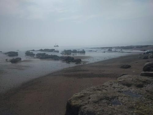 a foggy beach with a boat in the water at Seaside guest house a stone's throw from the beach in Dawlish