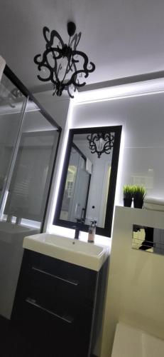 a bathroom with a sink and a mirror at Apartamenty Nord in Darłówko