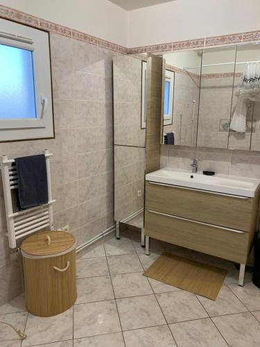 a bathroom with a tub and a sink and a mirror at La maison parisienne & jardin in Argenteuil