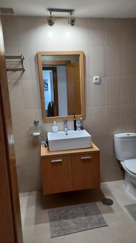 a bathroom with a sink and a toilet and a mirror at Hacienda Riquelme Golf Resort Groundfloor Apartment 176 in Sucina