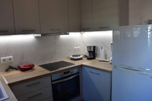 a kitchen with a refrigerator and a counter top at Seashell apartment -near the beach in Artemida