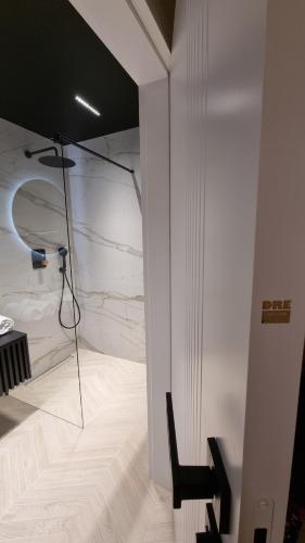 a room with a shower with a chair in it at Apartament Bulwary Oświęcim in Oświęcim