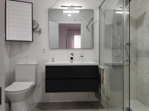 a bathroom with a sink and a toilet and a shower at Rucanon 2 La casa del campo 4 Estrellas, Piscina y Golf in Montánchez