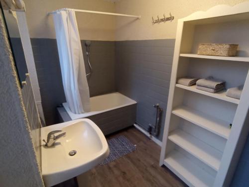 uma casa de banho com um lavatório, um chuveiro e uma banheira em Aux Thermes em Salins-les-Bains