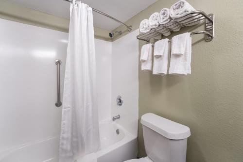 y baño con aseo y ducha con toallas. en SureStay Hotel by Best Western Columbus Downtown, en Columbus