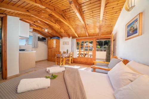 a living room with a couch and a kitchen at Alexatos Studios & Apartments in Ayia Evfimia