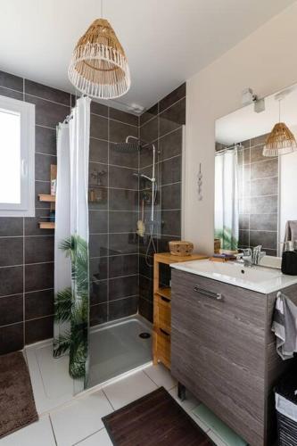 une salle de bain avec une douche, un lavabo et une baignoire dans l'établissement Agréable maison avec extérieur, à Parentis-en-Born
