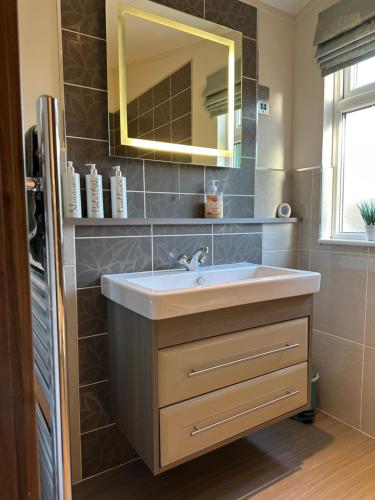 a bathroom with a sink and a mirror at Lakeview Lodge in Wisbech