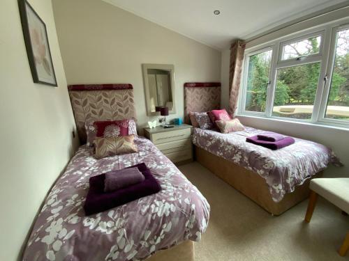 a bedroom with two beds and a mirror at Lakeview Lodge in Wisbech