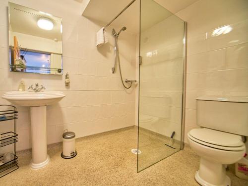 a bathroom with a shower and a toilet and a sink at Tegid Lakeside - Bala Lake in Bala