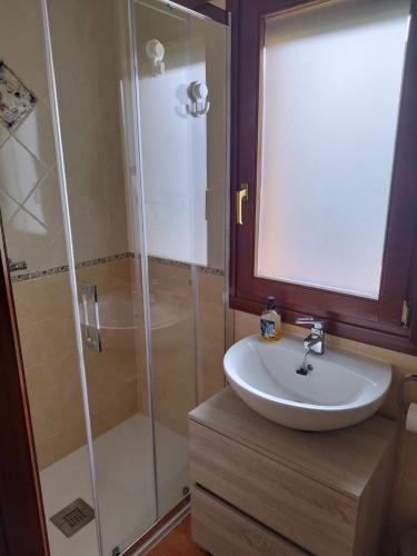 a bathroom with a glass shower and a sink at O Pedregal in Burela de Cabo