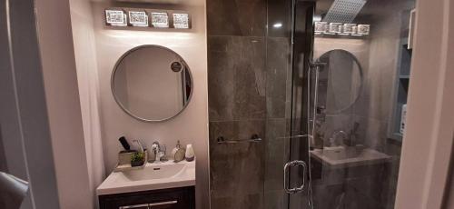 a bathroom with a shower and a sink and a mirror at 2 Bedrooms 2 washrooms 2 parking spots Basement Apartment in Newmarket