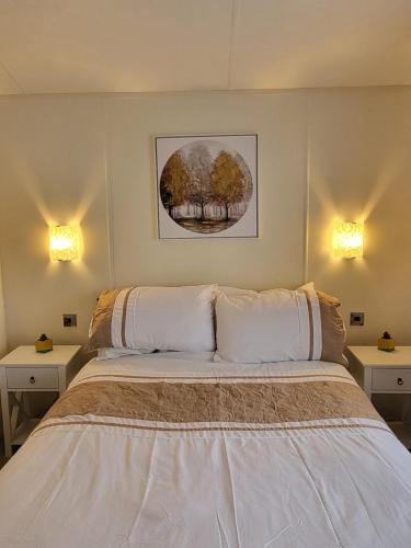 1 dormitorio con 1 cama con 2 luces en la pared en Idyllic Lakeview Lodge, en Chichester