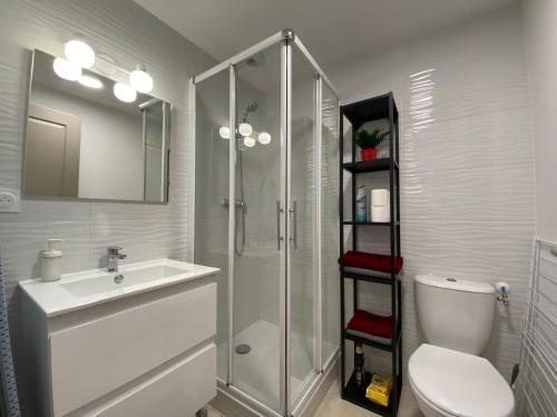 a bathroom with a shower and a toilet and a sink at Studio Centre Ville in Cambo-les-Bains