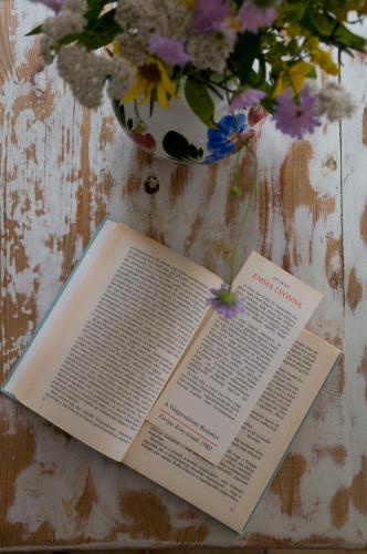 a book on a table with a vase of flowers at Nótás Tücsök Vendégház in Agyagosszergény