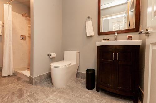 a bathroom with a toilet and a sink and a mirror at French Quarter Courtyard Hotel and Suites in New Orleans