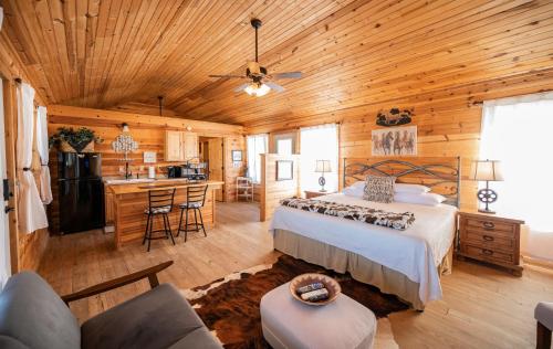 ein großes Schlafzimmer mit einem Bett und einer Küche in der Unterkunft City on a Hill at Spring Creek in Fredericksburg