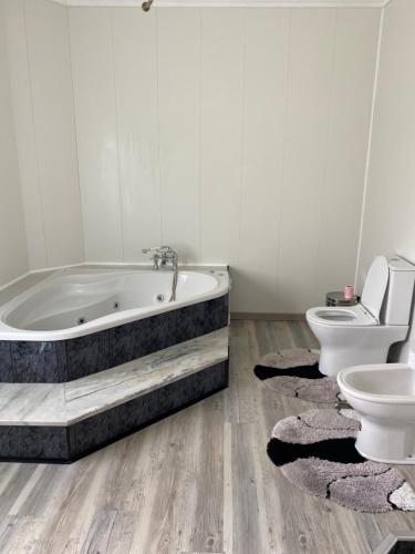 a bathroom with a bath tub and a toilet at Green Tropical House in Ponta Delgada