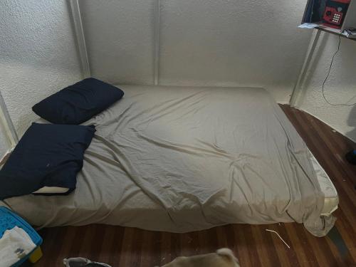 a small bed in a room with a dog on the floor at Habitacion compartida Martires de Tlatelolco in Mexico City
