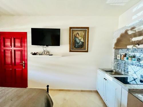 a kitchen with a red door and a sink and a tv at Small pet friendly, Pool and Gym Apartment in San Miguel de Allende
