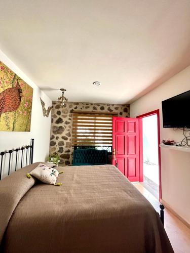 a bedroom with a large bed with a red door at Small pet friendly, Pool and Gym Apartment in San Miguel de Allende