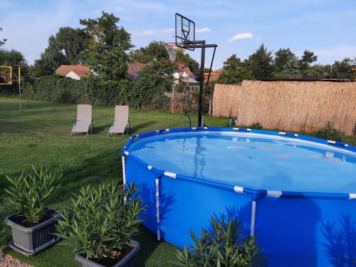 a pool in a yard with two chairs and a basketball hoop at Sissy Vendégház in Mórahalom
