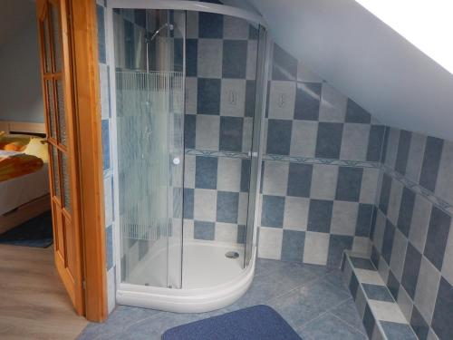 a shower with a glass door in a bathroom at Sissy Vendégház in Mórahalom