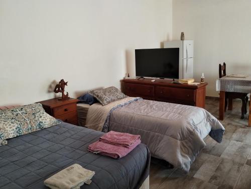 1 Schlafzimmer mit 2 Betten und einem Flachbild-TV in der Unterkunft LuMar3 in Comodoro Rivadavia