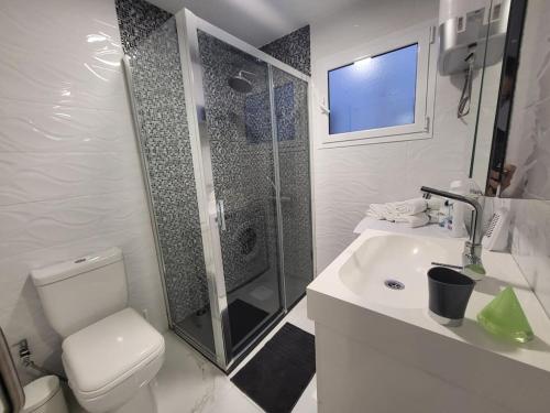 a bathroom with a shower and a toilet and a sink at New 2 Bedrooms Gold flat at Las Canteras beach with balcony and Free Parking in Las Palmas de Gran Canaria
